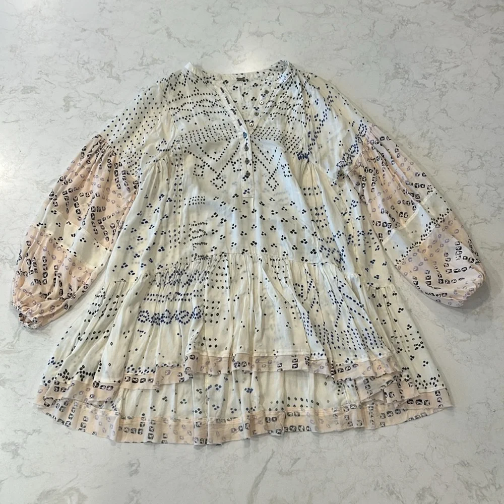 Free People Shibori Ivory Print Long Sleeve Button-Up Tunic Boho Festival XS